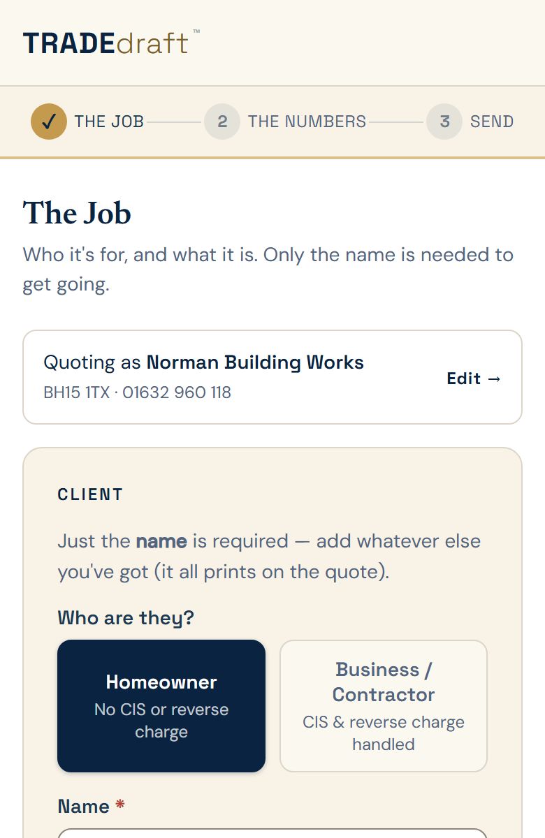 Stage one, The Job: the client, the job and the VAT, each on one line with a Change link